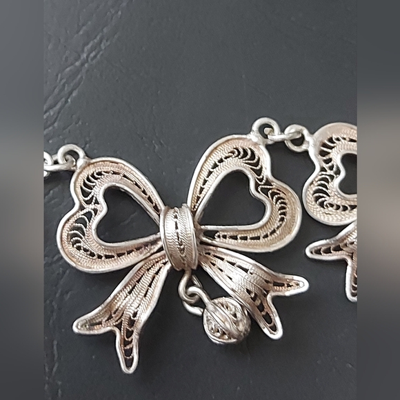 Antique Silver Filigree Bow Heart Link Necklace - Picture 9 of 10